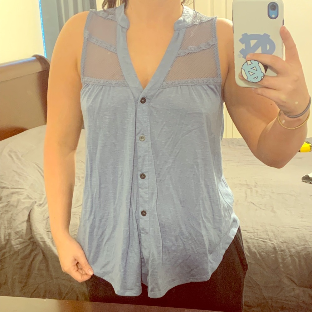 Button down, Carolina blue top!